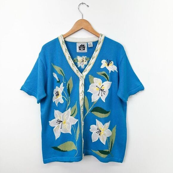Storybook Knits Sweaters - Storybook Knits Women’s Blue Short Sleeve White Lillies Floral Button Cardigan S
